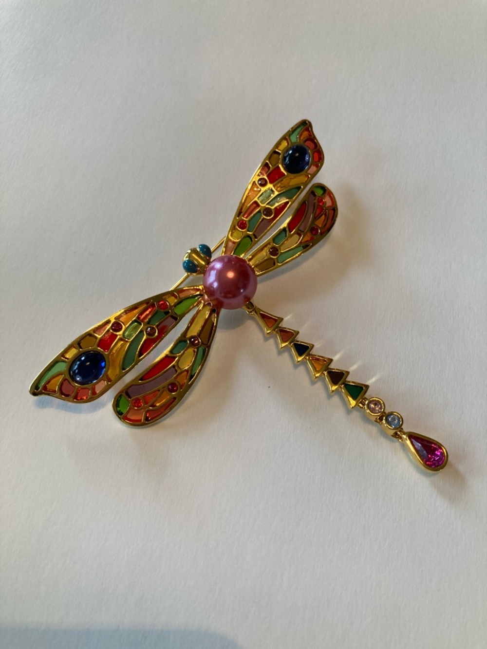 Joan Rivers Multicolor Enamel Dragonfly Brooch with Pink Center